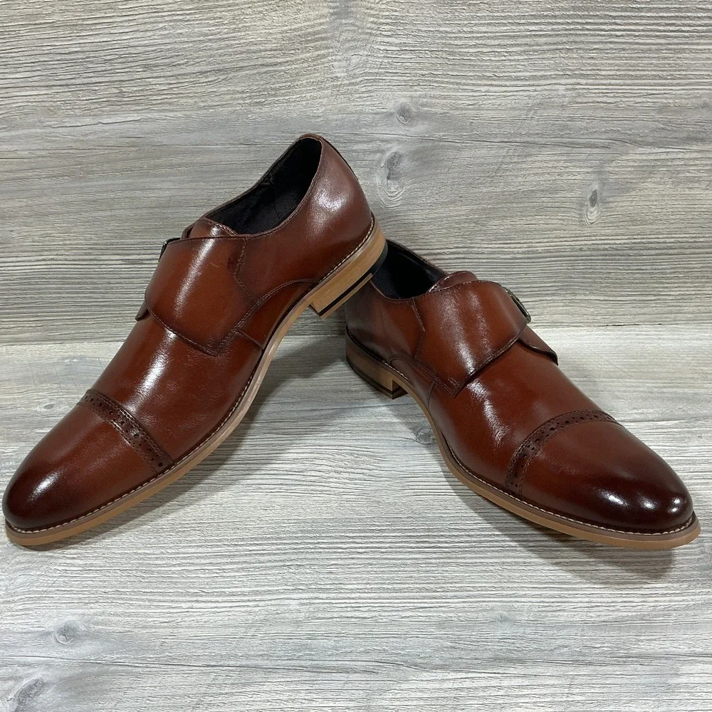 Stacy Adams Desmond Shoes Cap Toe Monk Strap Cognac Leather 25162-221 Men's 13 M